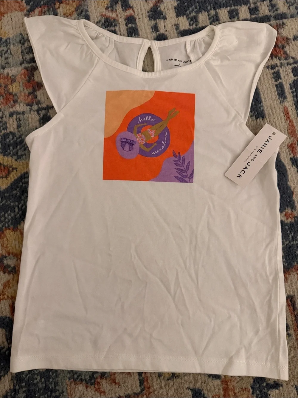 Janie and Jack girl's White Tank Top with Orange and Purple Beach Graphic